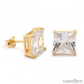 KING ICE .925 STERLING SILVER GOLD CLEAR PRINCESS STUD EARRINGS