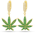 KING ICE EMERALD CANNABIS LEAF HANGING EARRINGS